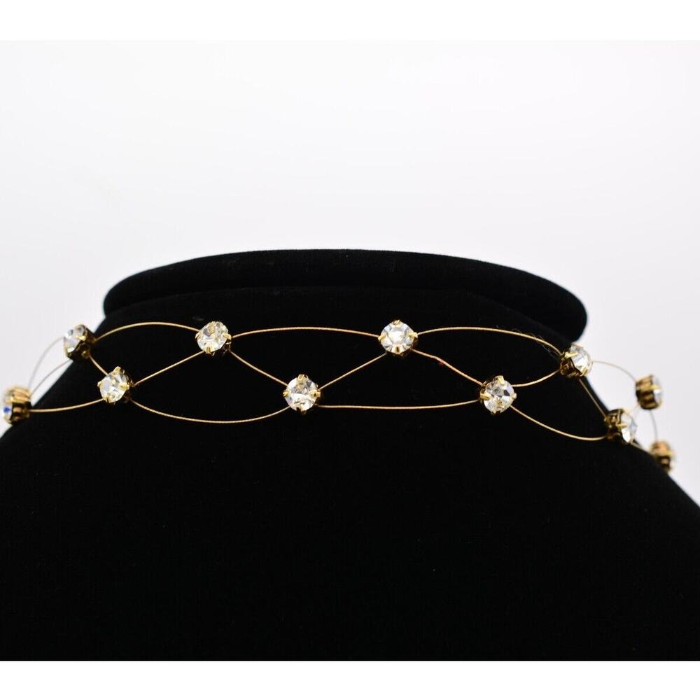 Vintage Crystal Choker Necklace Wire Floating Rhinestone Gold Tone 1990s BinG